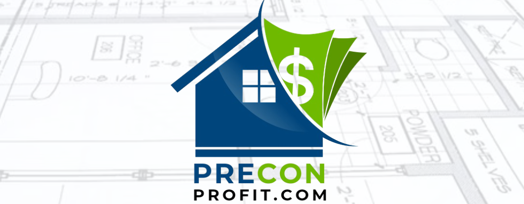 PreCon Profit logo over architectural blueprints